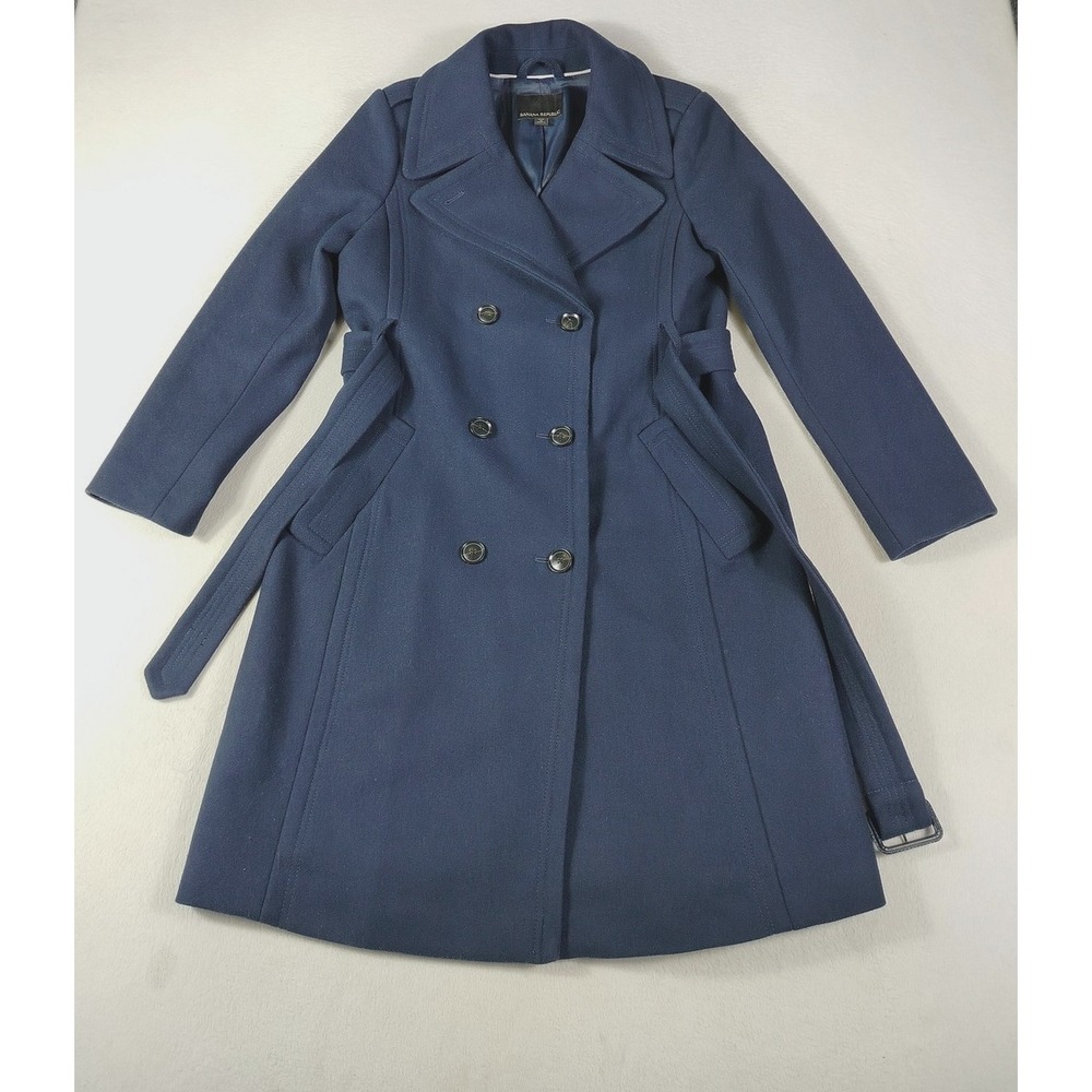 Banana Republic Top Coat Womens Small Petite Blue Wool Trench Italian Fabric